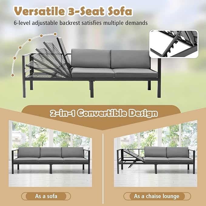 Tangkula 3 Piece Aluminum Patio Furniture Set, Patiojoy Outdoor Sectional Sofa Set with 6-Level Reclining Backrest, Tempered Glass Tabletop, Seat & Back Cushions for Backyard, Poolside (Grey)