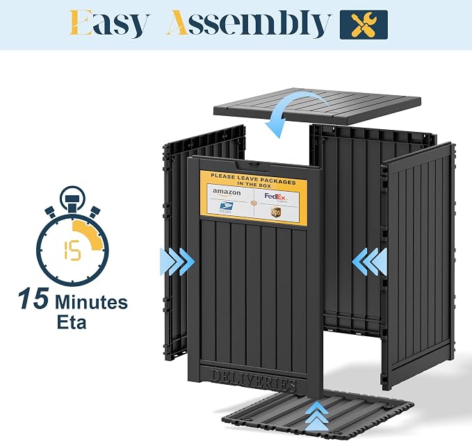 Package Delivery Box for Outside With Sign, Lockable Outdoor Storage Box Waterproof Deck Box, Large Double Wall Resin Parcel Drop Boxes, 48 Gallon, Classic Black