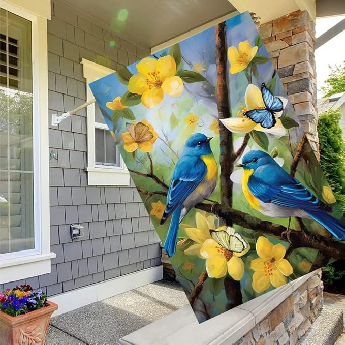 Large Spring Summer House Flags 28x40 Double Sided Bluebird Garden Flag Floral Birds Flag for Outside Porch Yard Outdoor Flower Garden Decor