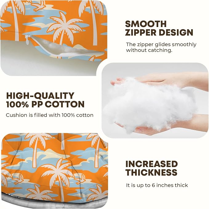 Outdoor 45" Round Egg Chair Cushion Replacement Waterproof Orange Tree | Thicken Pad with Headrest Pillow, Hanging Swing Wicker Egg Chair Cushions, Suitable for Garden Office