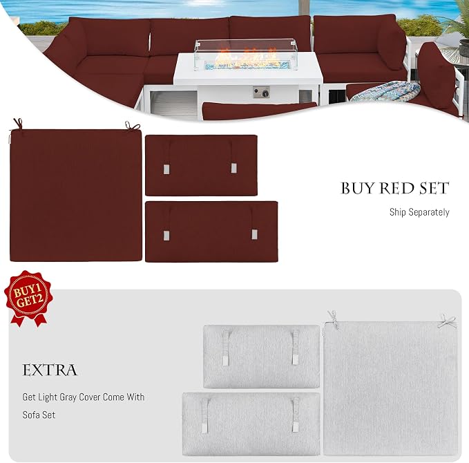 BULEXYARD 7 Person Modern Aluminum Outdoor Patio Furniture Set with Chaise & Firepit Table, 29 inch Wide Deep Seat, All Weather Modular Sectional Couch, Oversized Conversation Set for Garden Deck, Red
