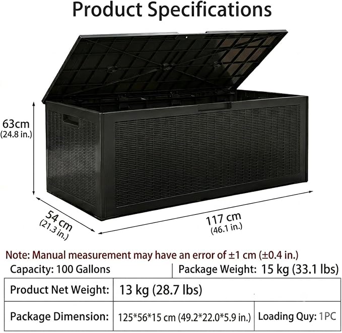 100 Gallon Large Deck Box, Premium Wicker Style Imitation Rattan Waterproof Outdoor Storage for Patio Furniture Cushions, Garden Tools & Pool Accessories, Lockable UV Resistant Black