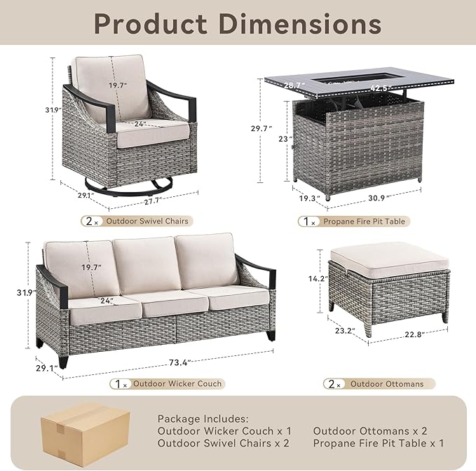 Outdoor Patio Furniture Set with 42.5" Fire Pit Table-6 Pieces All Weather Wicker Outdoor Furniture with High Back Swivel Patio Chairs Set of 2 Outdoor Patio Conversation for Deck Garden Beige/Gray