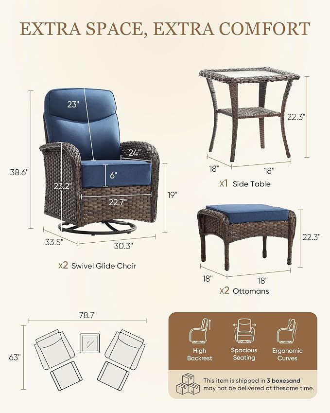 Belord Upgraded 6“ Cushion Luxury 5 Pieces Patio Furniture Set - All Weather Wicker Outdoor Swivel Rocker Patio Chairs of 2 with Ottomans, High Back Glider Chairs Set for Deck Porch - Brown/Blue