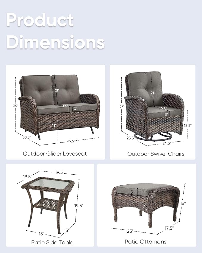 6 Pieces Patio Wicker Furniture Set-Outdoor Swivel Chairs Set of 2 Outdoor Glider Love seat with Outdoor Footstool Patio Furniture for Deck Porch Garden Balcony Poolside-Brown/Grey