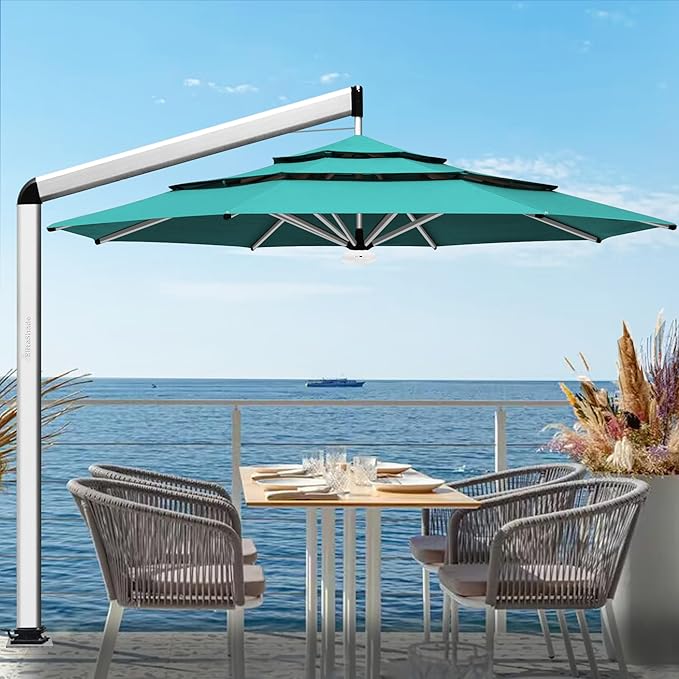 EliteShade USA Atlas 3-Tier 11FT Full Aluminum Cantilever Patio Umbrella for Outdoor Restaurant Garden Courtyard Deck Pool and Marketing with Light (No battery), Teal