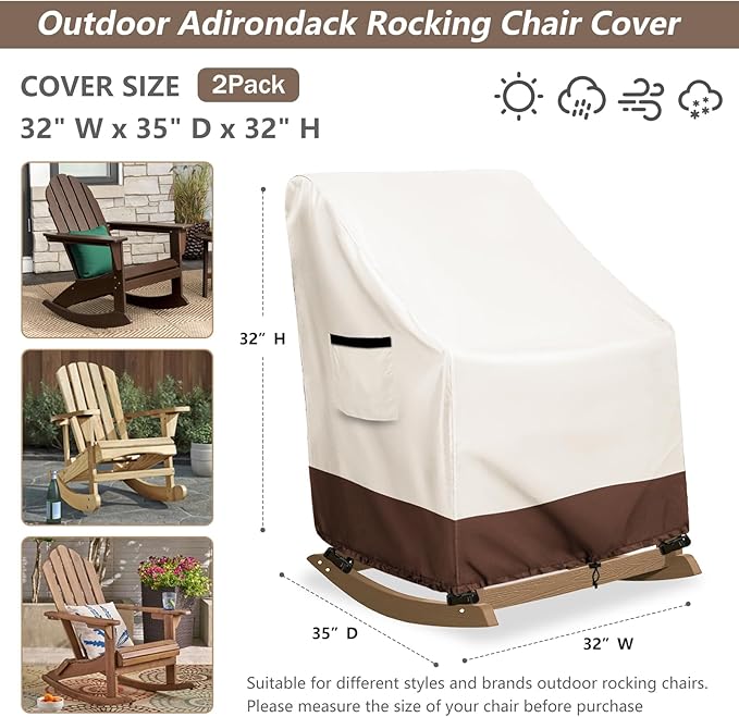 Outdoor Adirondack Rocking Chair Cover 2 Pack, Heavy Duty 600D Waterproof Patio Rocking Chairs Cover for 32" W x 35" D x 32" H Rocking Chair,Beige
