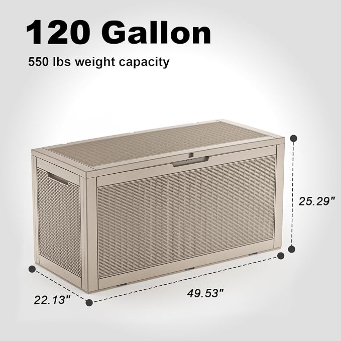 Large Outdoor Storage Box Waterproof, UV Resistant Resin Deck Box for Patio Furniture,Garden Tools,Cushions (Grey, 120 Gallon)
