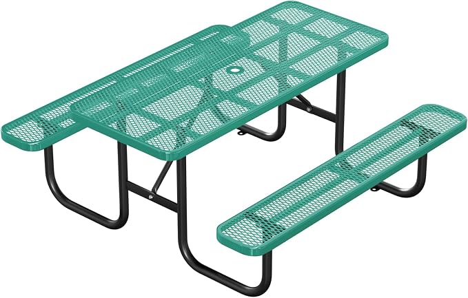 Ceridwen Heavy Duty Picnic Table with 2 Benches, Expanded Metal Steel Mesh Outdoor Patio Dining Table Bench Set with Umbrella Hole,Outdoor Patio Dining Table for Garden (Rectangular, Green, 6FT)