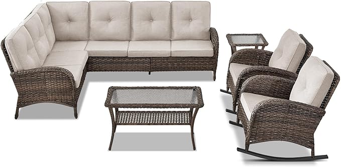 Belord Outdoor Furniture Set - 6 Pieces Patio Conversation Sectional Sofa Set with Patio Rocking Chairs Set of 2 and Wicker Coffee Table for Deck Backyard Sunroom Brown
