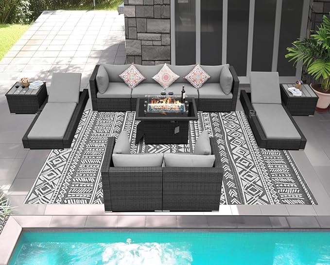 NICESOUL 11 Piece Sectional Outdoor Set with Loungers, Modern Large Backyard Seating with Firepit, 29.3'' High-Back Deep Patio Couch Sofa, Heavy Duty All-Weather Wicker Furniture for Deck, Light Grey