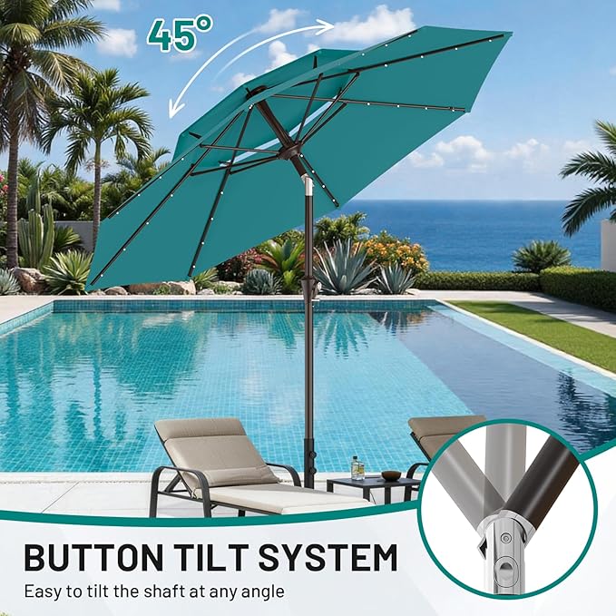AreShark 9ft 2 Tiers Patio Umbrella with Solar Lights, Outdoor Umbrella w/ 32 LED Lights&8 Sturdy Ribs, Table Umbrella for Deck, Backyard, Pool(Lake Blue)