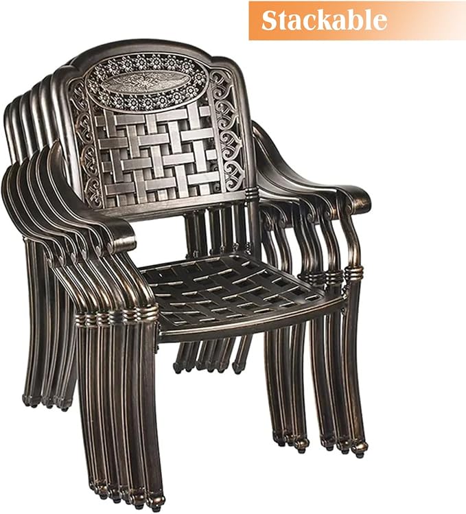 TITIMO 5-Piece Outdoor Patio Dining Set, Cast Aluminum Patio Furniture Set, 4 Pattern Chairs with Khaki Cushion and 2.2” Umbrella Hole Table, Cast Aluminum Conversation for Yard Garden Porch Poolside