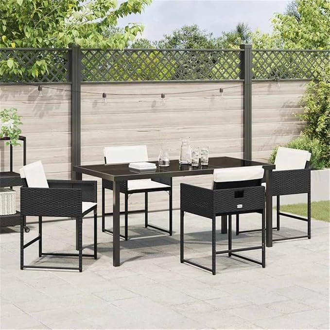 Afuera Living 5 Piece Patio Dining Set, Poly Rattan with Cushions, Black Finish, Tempered Glass Table, Lightweight Durable Design, Seating for 4, Modern Outdoor Furniture for Garden, Patio, Terrace