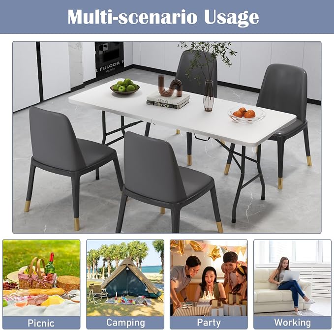 Tangkula 6 FT Folding Table, Indoor Outdoor Foldable Plastic Table with HDPE Tabletop, Sturdy Metal Fame, Carrying Handle, Heavy Duty Portable Fold-in-Half Picnic Table for Camping BBQ Party