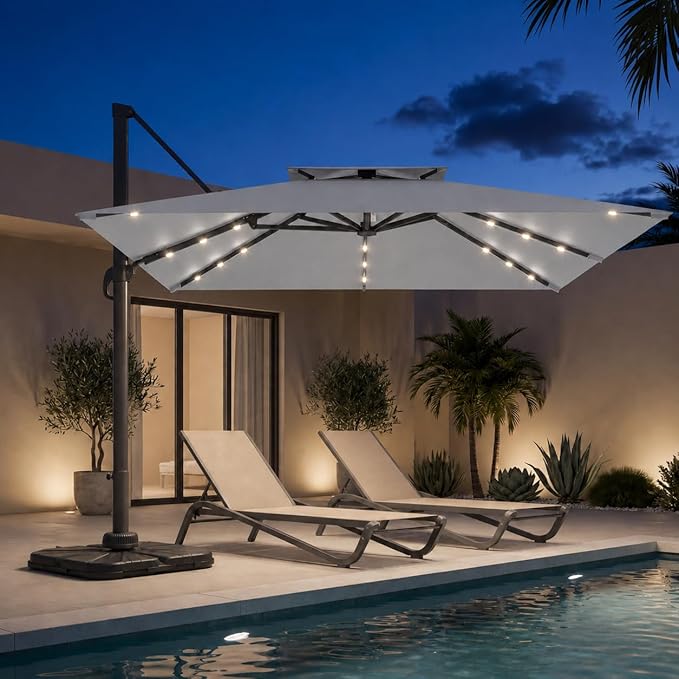 10FT Cantilever Patio Umbrella with Solar Lights, Large Outdoor 2 Tier Aluminum Offset Square Umbrellas 360 Degree Rotation for Garden Deck Pool