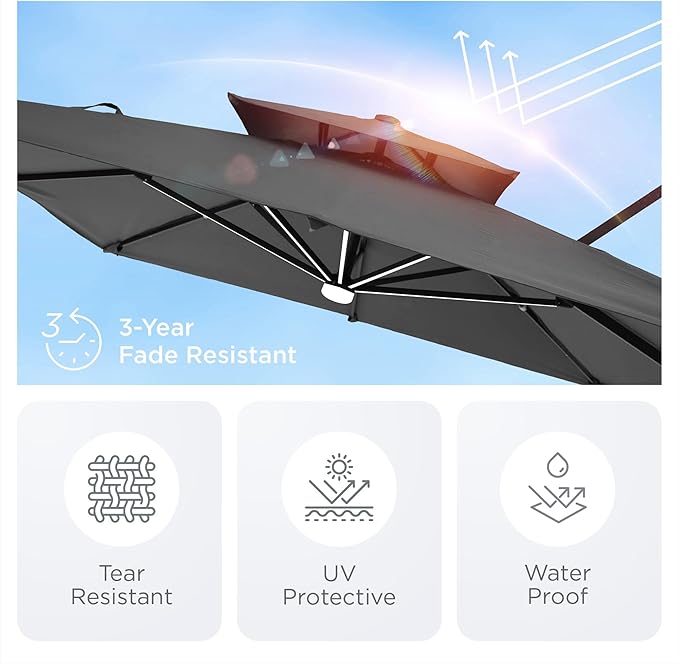 Deconk 9' X 12' Patio Umbrella with Weighted Base and LED Lights Outdoor Cantilever Large Rectangle Offset Umbrellas Heavy Duty Aluminum Double Top with 360-degree Rotation for Pool Garden Deck, Grey