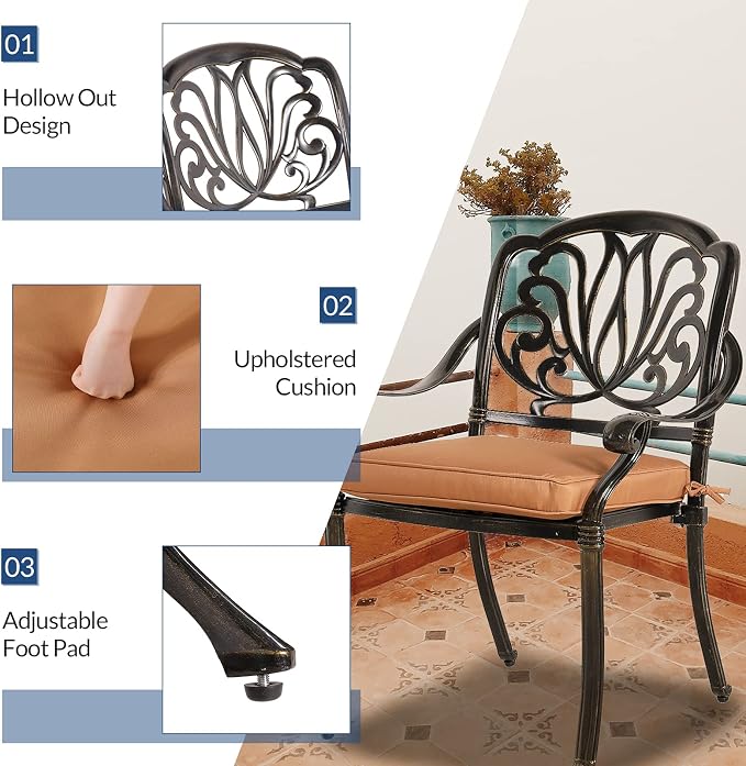 5-Piece Outdoor Patio Dining Set, All-Weather Cast Aluminum Patio Table Set, Include 4 Cushioned Chairs and a 35.4 inch Round Table w/Umbrella Hole for Balcony Garden Backyard, Khaki