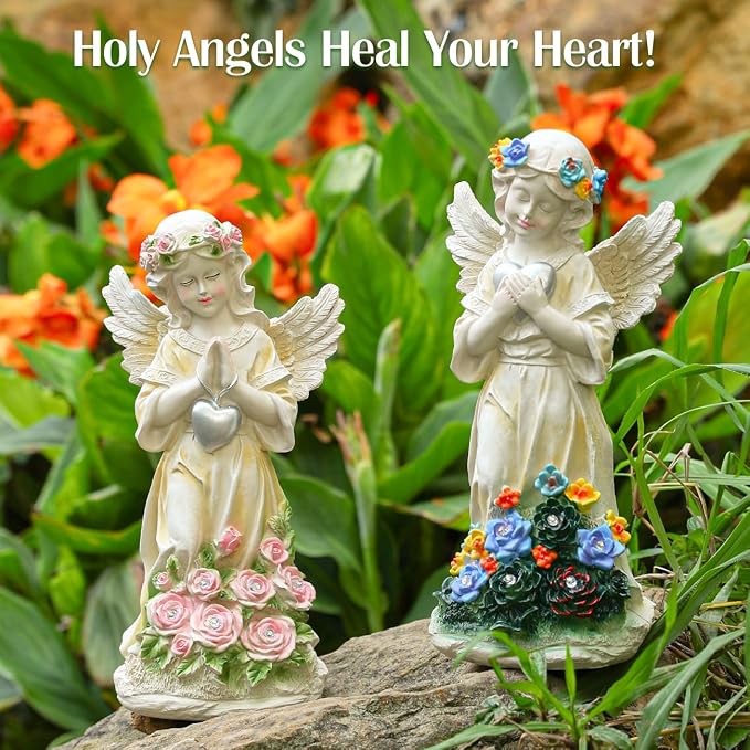 Angel Garden Statue 2Pcs,Love Heart Solar Decor with Warm Light | Waterproof Praying Angel Statue with Flowers,Outdoor Garden Decor Sculpture for Lawn Yard Patio Garden Present, Apricot