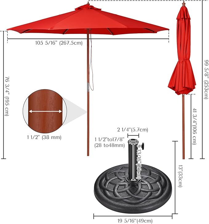 Yescom 9ft Coastal Solid Wood Umbrella Pulley Lift Commercial Base with Wheel Included for Seaside Restaurant Terrace Poolside Beach Club