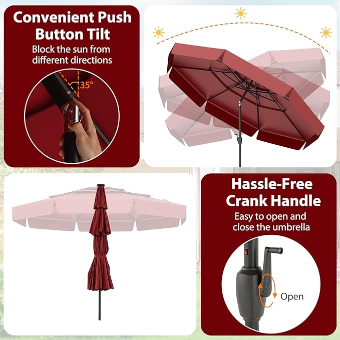 Tangkula 10 FT Solar LED Patio Umbrella, 3-Tiers Scalloped Outdoor Table Market Umbrella with 32 LED Lights, Tilt Adjustment, Crank, 8 Sturdy Ribs for Pool, Deck, Backyard (Burgundy)