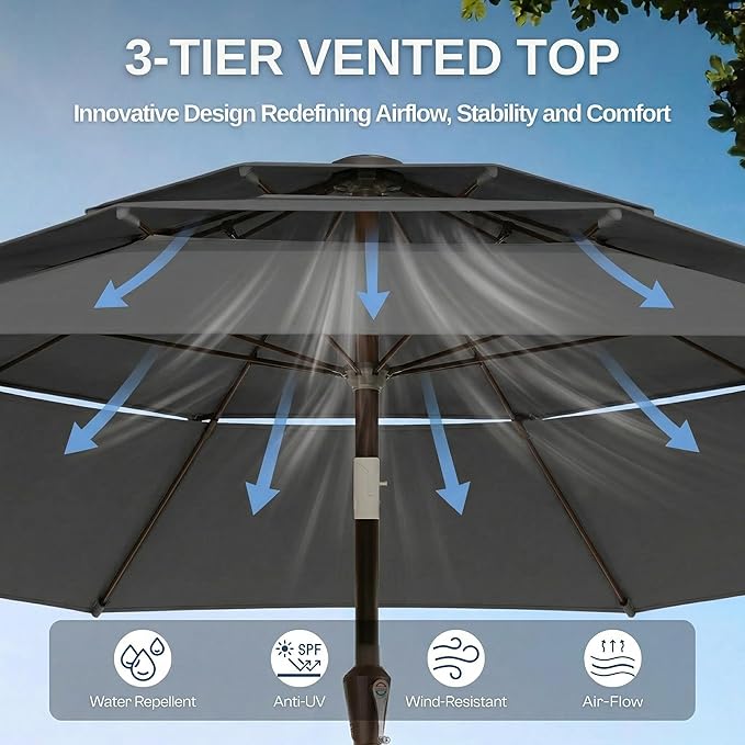 10ft Patio Umbrella, 3 Tier Outdoor Market Table Umbrellas with 8 Fiberglass Ribs and Push Button Tilt, Windproof, Vented Canopy, UV Protection for Deck, Pool, Backyard
