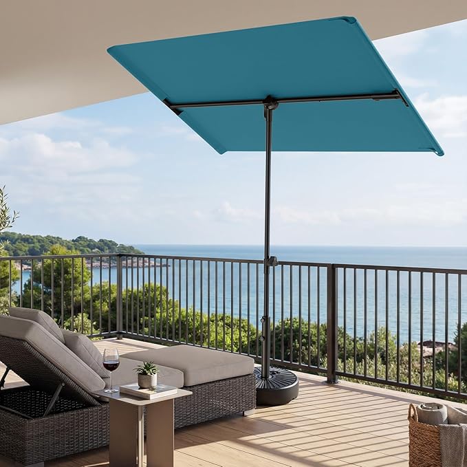 HOMSHADE 6x4ft Outdoor Balcony Umbrella - Flat Porch Pool Patio Umbrella Rectangular Canopy Shade UPF50+ UV Protection 360° Rotating & Tilting All Angles Applicable (Light Blue, No Base)