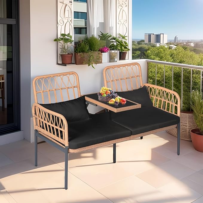Outdoor Loveseat 2 Pieces Patio Furniture Set, Porch Furniture Wicker Large Loveseats, Patio Conversation Sets with Cushions & Lumbar Pillows and Built-in Table, Black