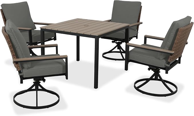 5-Piece Patio Dining Set, 4 Swivel Chairs with Removable Thickened Cushions & Square Table with Umbrella Hole, All-Weather Furniture for Backyard, Garden & Lawn, Grey