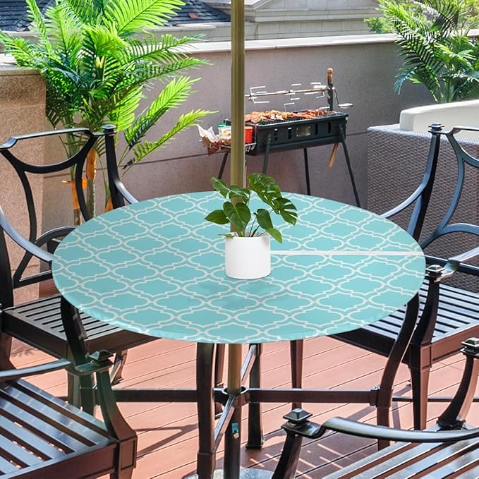 Fitted Round Tablecloth with Umbrella Hole and Zipper Aqua Blue Moroccan Outdoor Elastic Table Cloth 45"-56" Oil-Proof Waterproof Patio Table Cover for Dining Picnic Party
