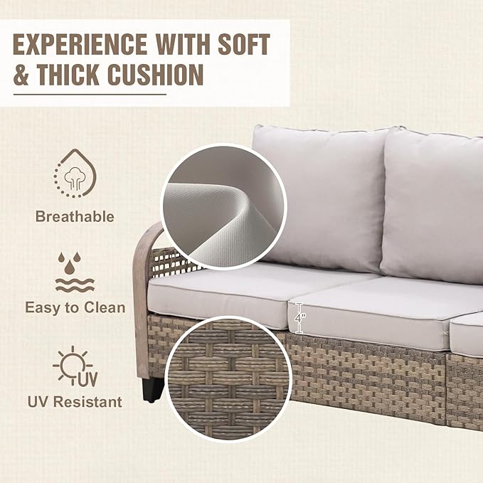 Modern Wicker Patio Furniture Set, Rattan Outdoor Conversation Set, 4 Swivel Rocking Chairs, 3 Seat Couch, 2 Ottomans, Coffee Table and Side Table, 9 Pieces, Brown/Gray