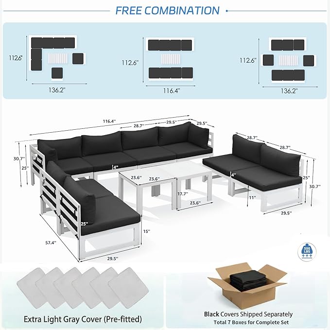 NICESOUL 10 Piece Modern Aluminum Patio Furniture Set, 500 lbs Heavy Duty Durable Outdoor Sectional Sofa, 29" Deep Wide Oversized Seating, L Shaped Comfortable Conversation Couch for Yard Deck, Black