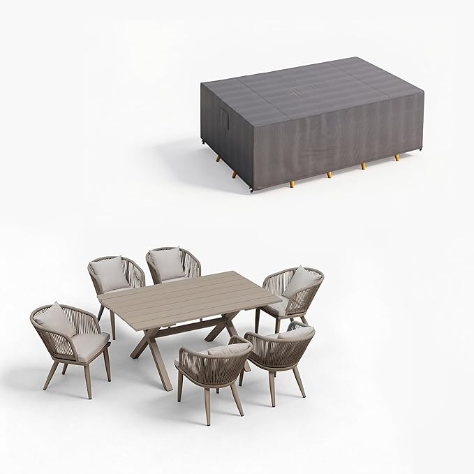 PURPLE LEAF 7 Pieces Patio Dining Set with Waterproof Furniture Cover Rectangular Table and Chairs Set for Garden Deck Aluminum Frame Backyard Kitchen Set, Cushions and Pillows Included Champagne