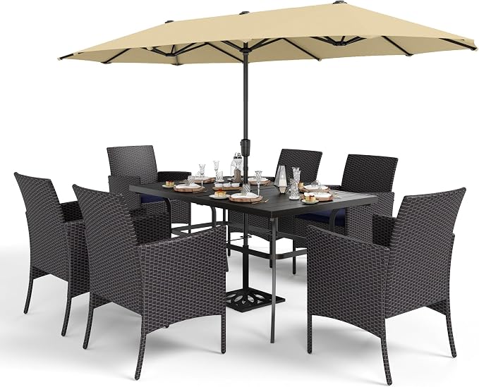 Sophia & William 7 Pieces Outdoor Patio Dining Set with 13ft Beige Patio Umbrella for Outside, Metal Patio Table and Rattan Chairs Set with Cushion and 1.6" Adjustable Umbrella Hole