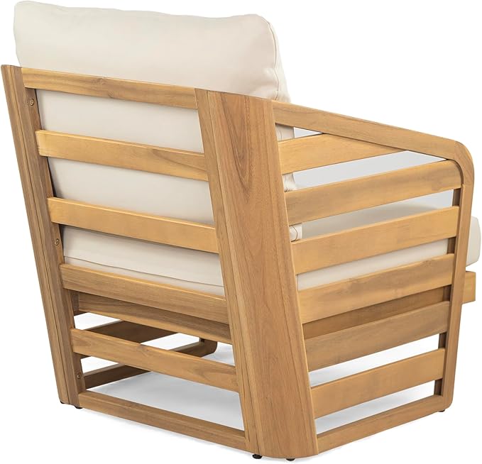 Acacia Wood 4-Pieces Patio Conversation Set, All Weather Sectional Sofa Set w/ 2 Club Chairs, Loveseat and Table, Outdoor Furniture Set with Zipper Cushions, Unique Frame Design