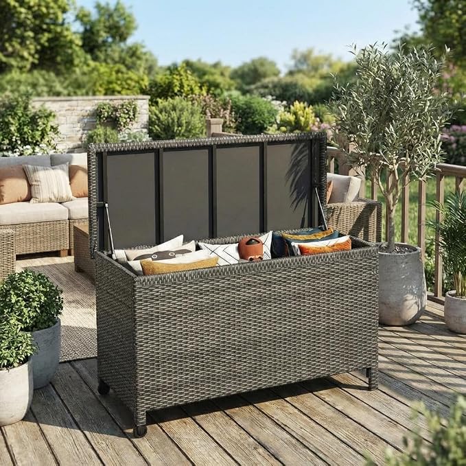 120 Gallon Waterproof Outdoor Wicker Deck Box, Large PE Rattan Storage Chest with Lockable Lid & Gas Strut, All-Weather Patio Storage Bench for Cushions Garden Tools, Brown