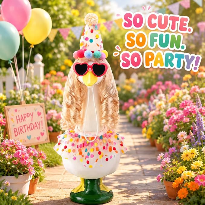 Birthday Porch Goose Outfit 1 Pack with Long Blonde Wig Happy Birthday Hat Scarf Porch Goose Outfits Party Style Outdoor Decor for Lawn Geese Statues
