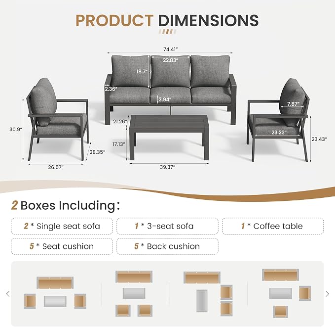 Aluminum Patio Furniture Set, 5 Seats Metal Outdoor Conversation Set Modern Sectional Sofa with Upgrade Cushion and Coffee Table