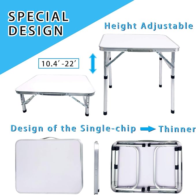 Camp Field Aluminum Folding Small Picnic Table, Adjustable Height Lightweight Portable Camping Table for Picnic Beach Outdoor Indoor (Small White) …