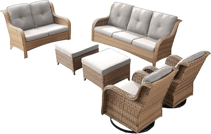 Rilyson Patio Furniture Swivel Chairs Set - 6 Piece Wicker Rattan Outdoor Sectional Conversation Sets with 2 Rocking Swivel Chairs,2 Ottomans,1 Sofa and 1 Loveseat for Porch Deck(Yellow/Beige)