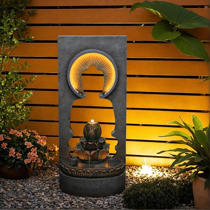 Bumilgar 35.4" H Buddha Water Fountain Outdoor&Indoor, 5-Tiers Cascading Modern Feature Crocks Garden Fountains and Waterfalls with Warm Lights for Porch, Deck, Patio, Home Décor, Gift Ideas(Gray)
