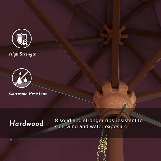 California Umbrella 9' Round Hardwood Frame Market Umbrella, Stainless Steel Hardware, Push Open