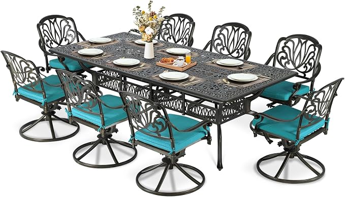 MEETWARM 9-Piece Outdoor Patio Dining Set for 8, All Weather Cast Aluminum Patio Funiture Table and Chairs Set- 94.5” Rectangular Table and 8 Cushioned Swivel Rocker Chairs, Umbrella Hole, Ocean Blue