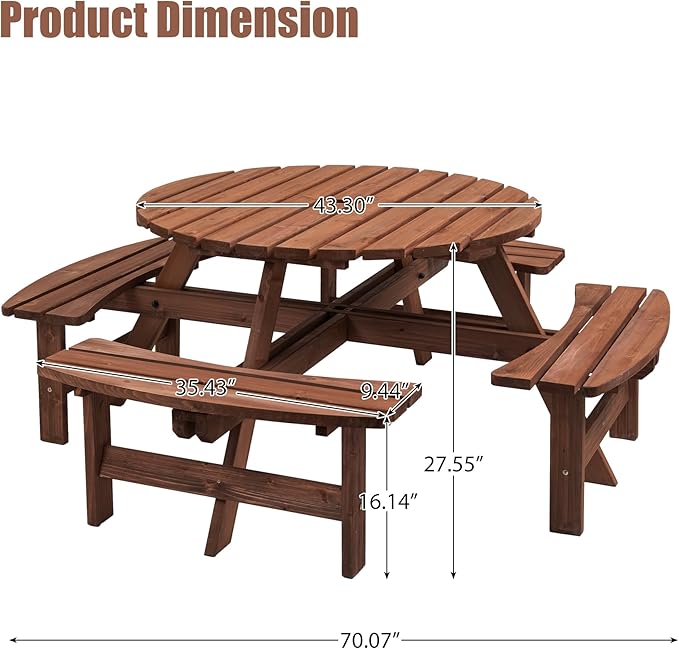 8 Person Round Wood Picnic Table, Outdoor Wooden Picnic Table with 4 Built-in Benches, Umbrella Hole, Circular Outside Table and Bench Set for Garden, Backyard, Porch, Patio, 2220lb Capacity - Brown
