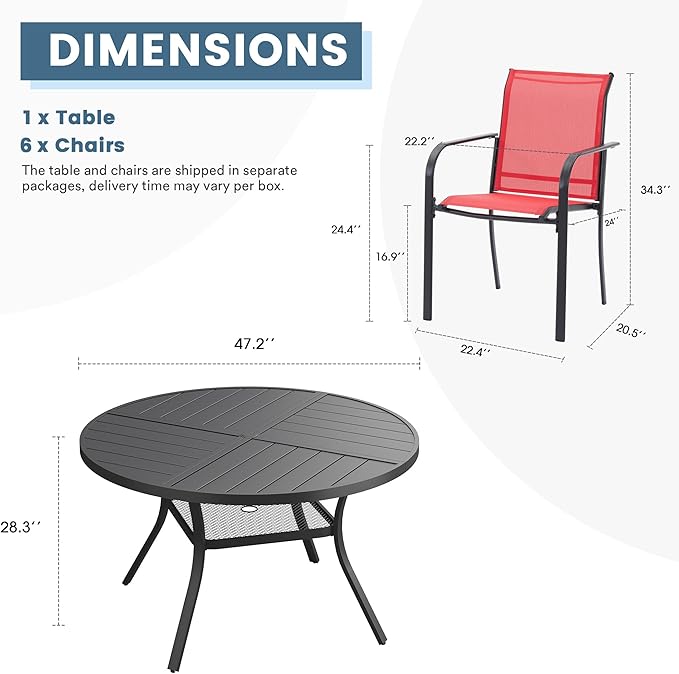 DIFY 7 Pieces Outdoor Patio Dining Set for 6, 47.2" Black Round Metal Dining Table and 6 Red Stackable Sling Dining Chairs, Outdoor Table and Chairs for Lawn Garden Backyard Deck