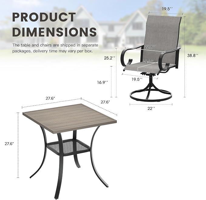 3 Pieces Patio Dining Set, 2 Outdoor Swivel Dining Chairs with 28" Square Outdoor Dining Table, All Weather Textilene Patio Chairs and Metal Table for Garden Backyard, Grey
