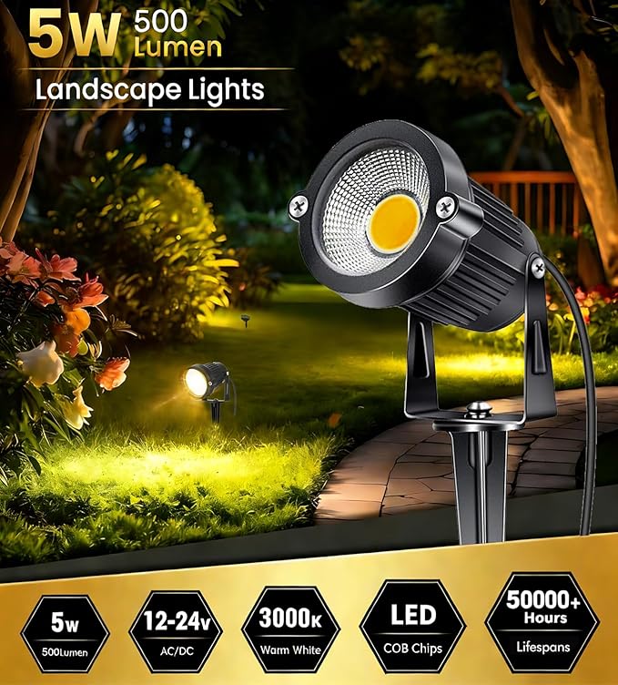 1Pack Low Voltage Landscape Lights LED 5W Landscape Lighting with connectors AC/DC 12V-24V Outdoor Spotlight IP66 Waterproof Tree Flag Lights Warm White Spotlights for Yard Garden Pathway