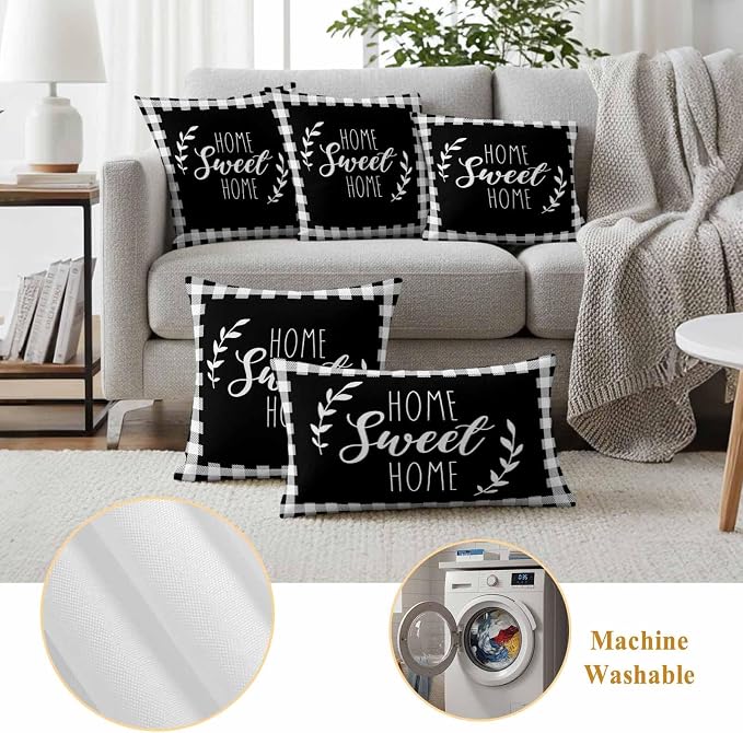 Home Sweet Home Waterproof Outdoor Pillow Covers Set of 2 Home Decor, Leaves Black Buffalo Plaid Pillowcase Patio Pillow Covers for Couch Bench Patio Furniture Garden 18x18in
