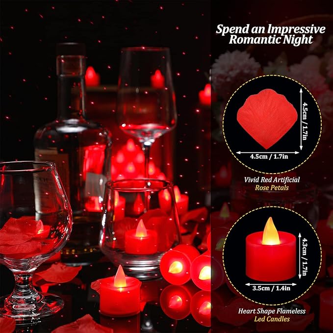 Coume 6000 Pcs Artificial Rose Petals with 72 Pcs Flameless LED Candles Romantic Decorations Fake Candles Anniversary Decorations for Valentine's Day Wedding Night(Red)