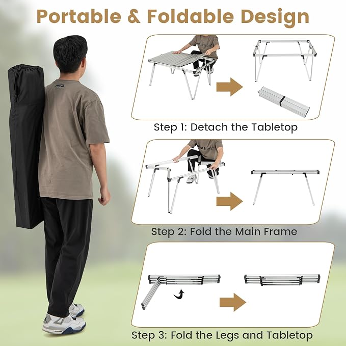 COSTWAY Folding Low Picnic Table, Portable Camping Table with Storage Bag, Lightweight Aluminum Foldable Roll-Up Table 3FT, Outdoor Camp Table for Party, Tailgating, Beach & Backyard (Silver)